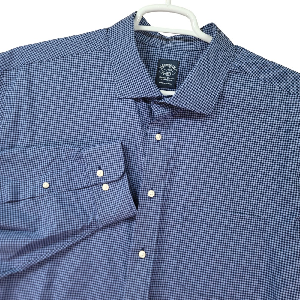 Brooks Brothers Button Up Shirt Mens 19 34/35 Blue Gingham Non-Iron Stretch